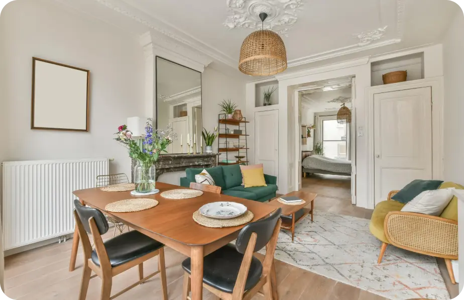 Freshly painted dining area with neutral walls and natural light