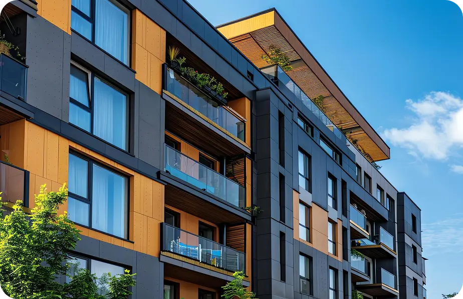 Modern apartment building with dark siding and orange accent panels
